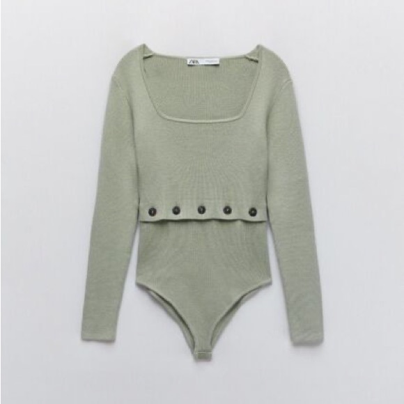 Zara Green Knit Sqaure Neck Bodysuit - Picture 1 of 1
